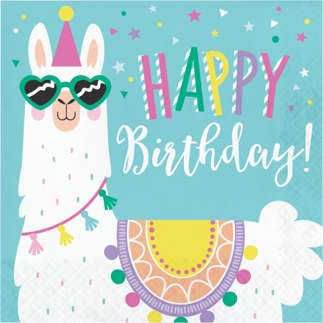Party Central Club Pack of 192 White and Blue "Happy Birthday" Llama Party 3-Ply Napkins 6.5"